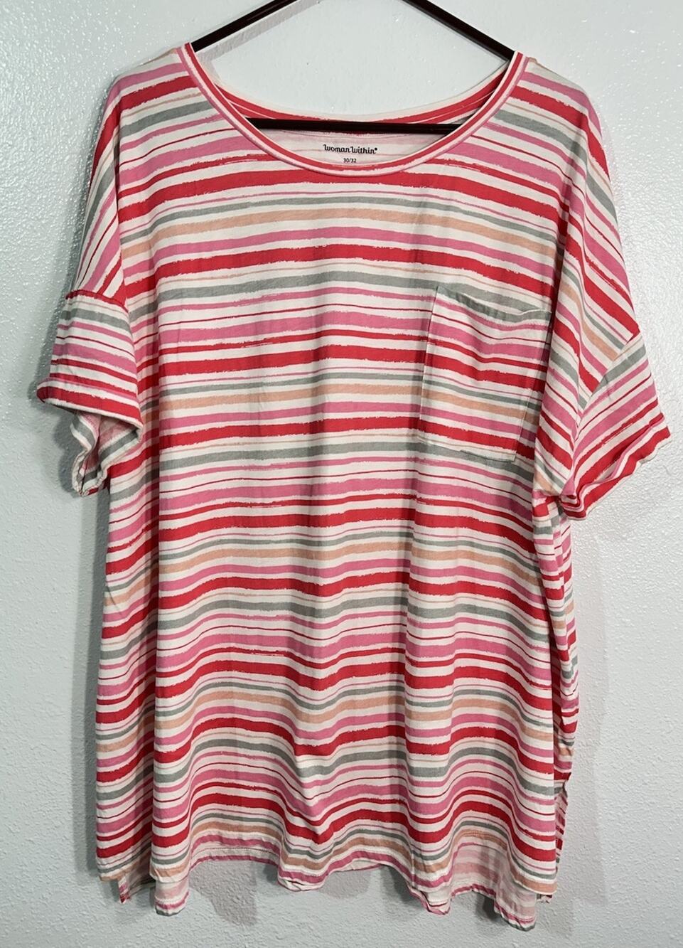 Woman Within 3X 30/32 Striped Tunic Top Pink Red Gray Short Sleeve Pocket Plus
